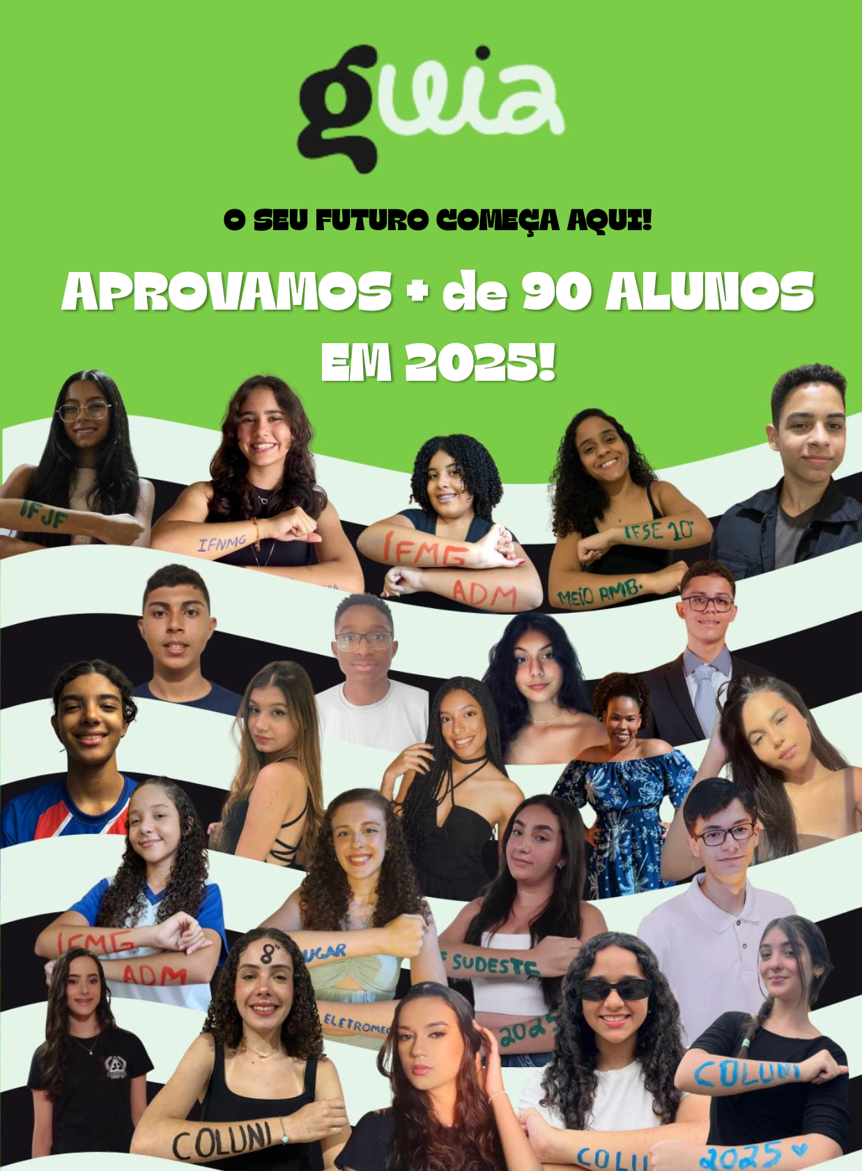 Mosaico com fotos de alunos aprovados no Guia Pré-Federal